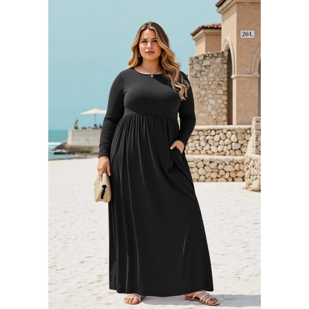 Plus Size Maxi Dress Long Sleeve Pockets Casual Fall Comfortable - Picture 6 of 7